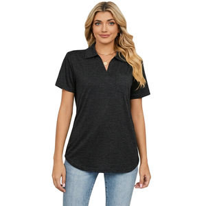 T-shirt décontracté pour femme à col en V et manches courtes, couleur unie, respirant, imprimé floqué, en jersey tricoté 100 % polyester 220g, coupe classique - Product Image 5