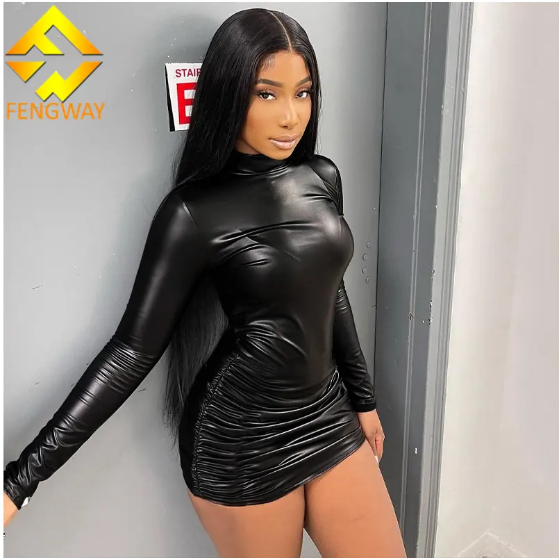 Fengway 2022 New Winter Women Turtleneck Stacked Dress Long Sleeve Bodycon Dress Nightclub Tight Pu Leather Dresses