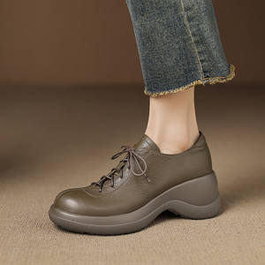 Outer Inner Layer Genuine Leather Sheepskin Round-top Lace-up Waterproof Flat <b>Heel</b> Soft Sole Fashionable Retro <b>Mary</b> <b>Jane</b> <b>Shoes</b> - Product Image 5