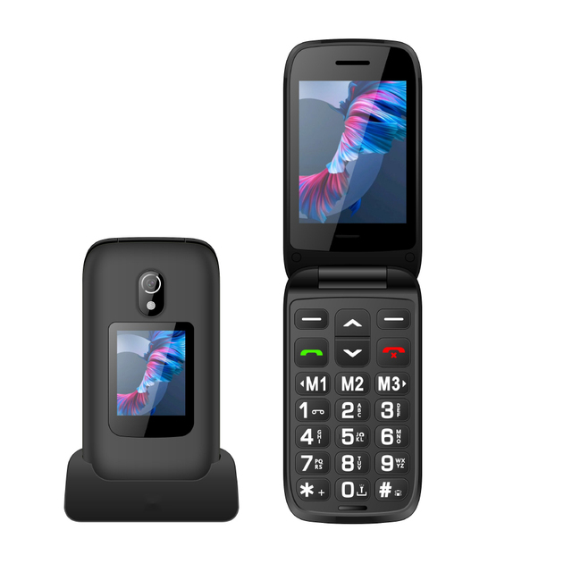 4G Dual SIM Slim Flip Senior Phone 2.8" TFT Display Big Buttons SOS Function Rear Camera Charging Dock EU Ecodesign Spanish FM