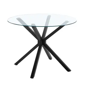 圆形餐桌套装玻璃现代圆形玻璃桌铬金属框架餐厅客厅餐桌