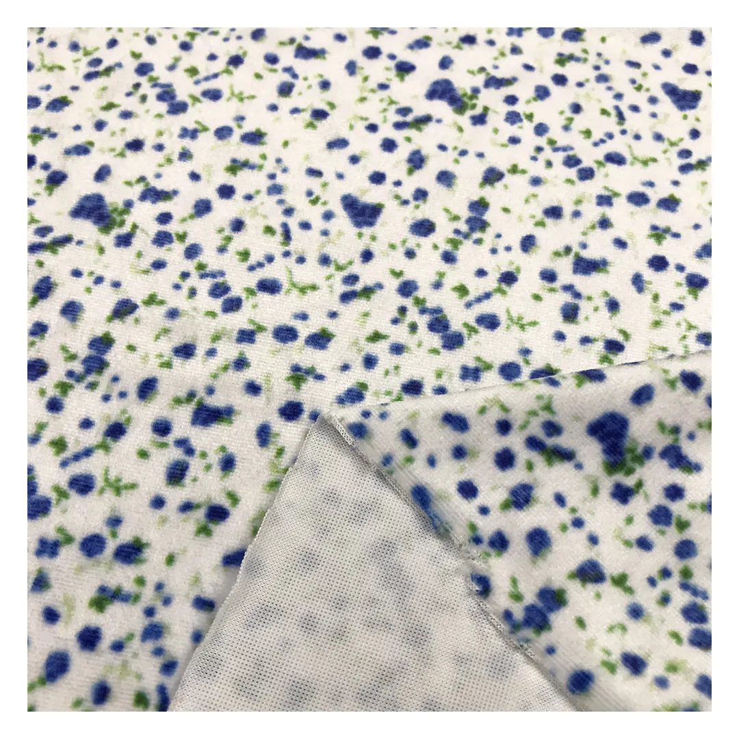 The factory outlet little blue flower pattern 100% polyester two way stretch custom print velvet fabric for garment