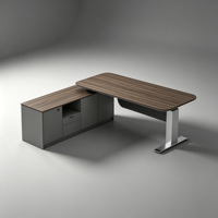 Bureau de direction électrique réglable en hauteur, bureau de forme L, bureau assis-debout avec armoire de rangement intégrée