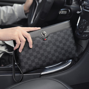 <span class=keywords><strong>Elegante</strong></span> Bolso de Negocios para <span class=keywords><strong>Hombre</strong></span> en Gris a Cuadros, con Adorno de León Metálico, Múltiples Ranuras para Tarjetas y Cierre de Cremallera - Product Image 5