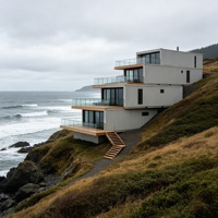 Maison préfabriquée en conteneur maritime Cliffside, maison modulaire à plusieurs étages avec balcon en verre pour location de vacances en bord de mer