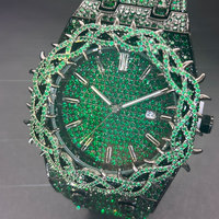 Jam Tangan Quartz Pria Model Bunga Mewah Berlian dengan Zirkon Hijau Besar, Jam Tangan Fashion Hip Hop Terbaru