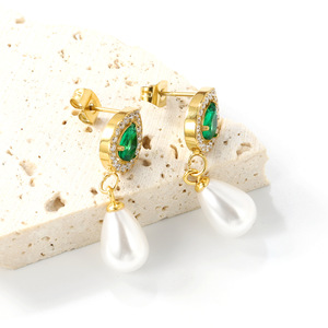 Pendientes de Moda con Imitación de Perla y Esmeralda en Forma de Lágrima, Chapados en Oro, Joyería para Fiestas, Accesorios para Mujer - Product Image 1