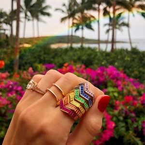 Hot đầy màu sắc CZ ban nhạc Stackable Vòng mạ Vàng bezel thiết lập hình chữ nhật màu tím xanh cam đá sóng Twist Finger nhẫn đồ trang sức - Product Image 1