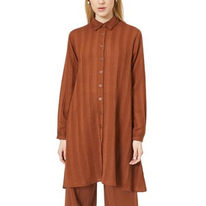 Wholesale Women Brown Turn Down Collar <strong>Long</strong> <strong>Sleeve</strong> Button up Loose <strong>Tunic</strong> <strong>Tops</strong> - Product Image 3