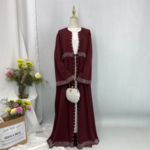 Modest Women Abaya Simple Luxury Rhinestones Pearls Cardigan With Pockets and Front Small Belt Eid Muslim Dubai New Abaya 1402# - Product Image 3