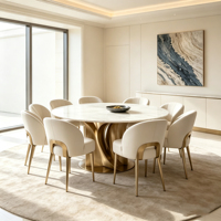 Ensemble de table à manger ronde en marbre avec base en métal doré et chaises en cuir crème pour salle à manger de villa