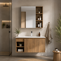 Ensemble de meuble-lavabo mural de salle de bain moderne de luxe en chêne mat avec vasque de rangement et armoire miroir sur le dessus du meuble-lavabo