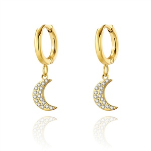 Pendientes de Aro con Colgante de Luna en Acero Inoxidable y Circonita, Bañados en Oro de 18k, Populares - Product Image 1