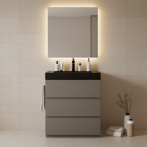 Modern Bathroom Vanity 30 Inch Gray <b>Freestanding</b> <b>Large</b> Storage Ceramic Basin Matte Black Faucet - Product Image 2