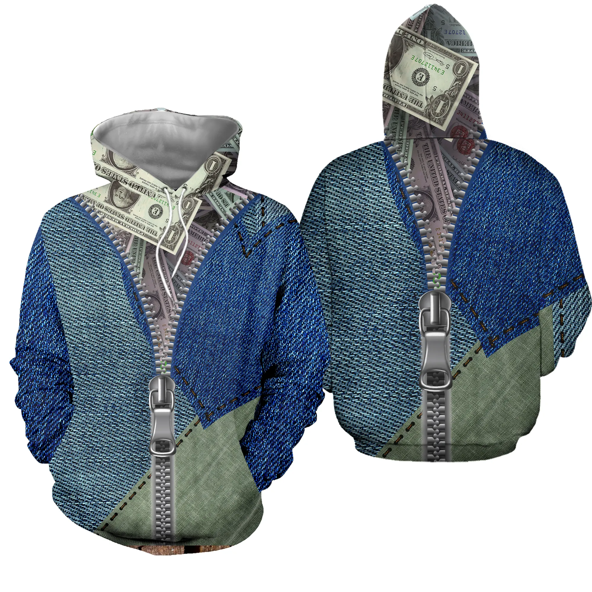 ダラープリントブルーパターンの面白いジッパージーンズ冬のパーカーフリース特大パーカースウェットシャツ男性用パーカーカスタム