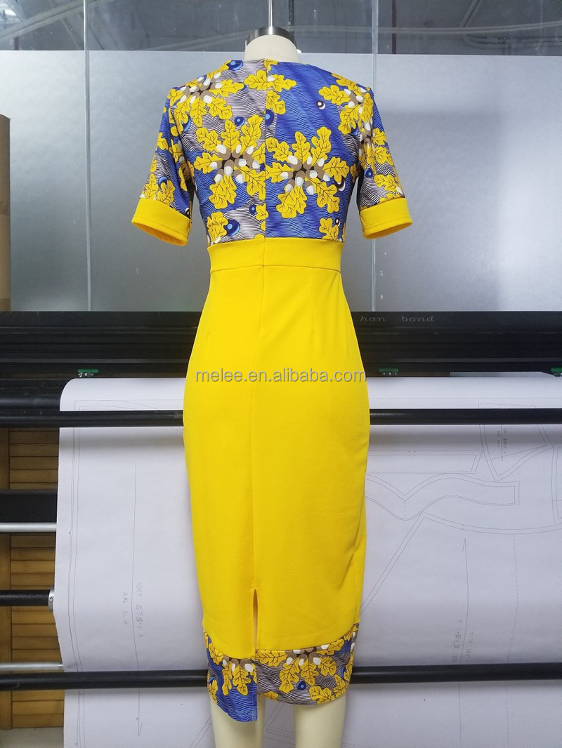 Y208065 Floral Print Patchwork Yellow Elegant Office Lady Dress For Women O Neck Slim Business Formal Dress Party Vestidos