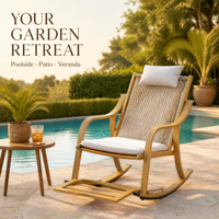 Fauteuil à bascule d'extérieur moderne, en alliage d'aluminium imitation bois fait main, avec repose-pieds extensible, idéal pour le bord de la piscine, la véranda ou le jardin.