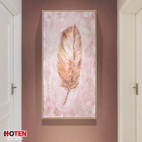 Peinture à l'huile décorative moderne verticale à plumes roses peinte à la main sur toile, art mural personnalisé pour la maison