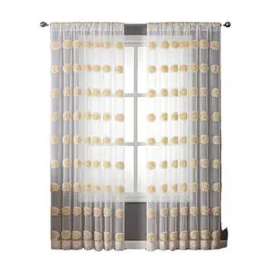 Sun-Kissed Blooms Pompom-Adorned Withe Sheer Curtains with Yellow Flowers