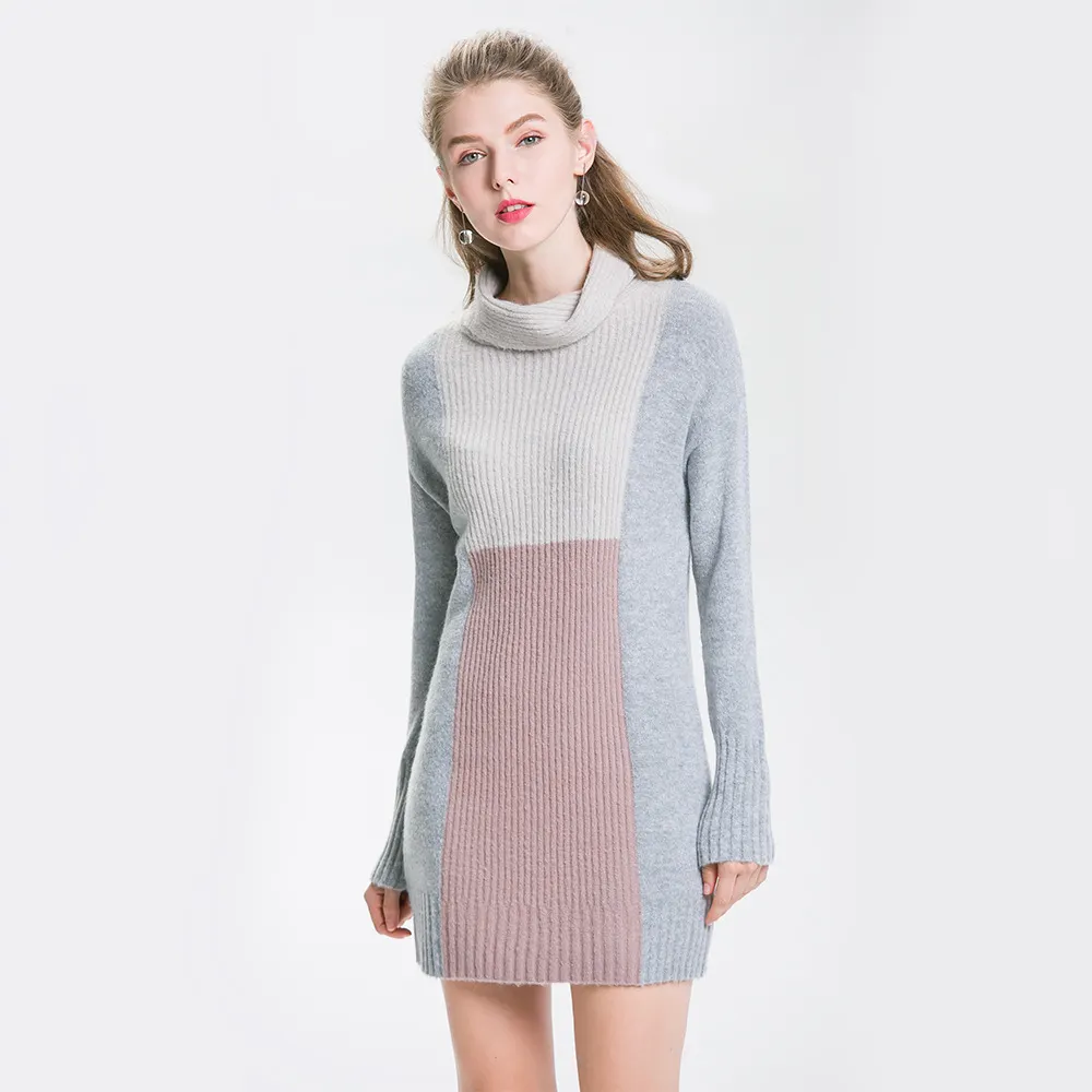 In-stock Sale Autumn And Winter New Women's Stripe Color Blocking High Collar Long Sleeve Artificial Wool Knit Dress Female
