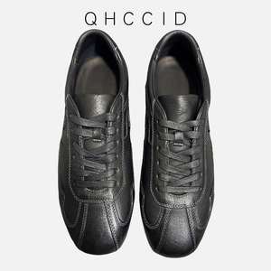 Chaussures décontractées pour hommes en cuir véritable noir à bout rond, lacées, respirantes, avec semelle extérieure en caoutchouc, pour le printemps et l'été - Product Image 2