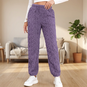 Cozy Knitted Purple Sleep Bottoms Elastic Waist Loose Fit Full Length Solid Color Women Loungewear Winter Wear - Product Image 3