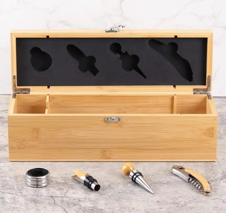 Wine Box with 4 Accessories Set Fathers Day Wine Gifts for Men Dad Gifts Bamboo Wine Case with Tools Set