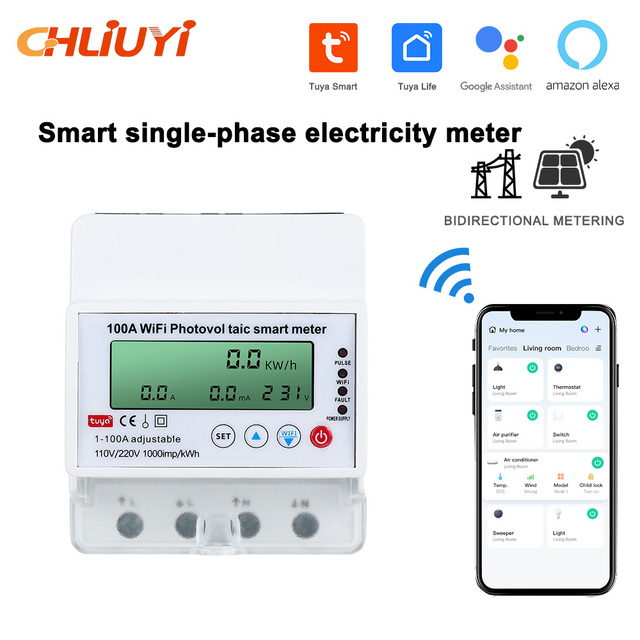 Wifi Single Phase Photovoltaic Tuya Smart Energy Monitor Switch 100A 230V 50/60Hz KWh Meter Digital Display Class1 Accuracy Din