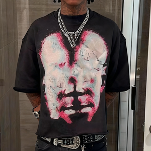 定制制造夏季图形t恤街装超大丝网印刷黑色棉o领短款宽松t恤 - Product Image 3