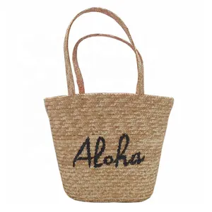 Groothandel Aloha Handgemaakte Natuurlijke Tarwestro Mand Custom Logo Vrouwen Grote Bakken Zomer Strand Reizen Strozak Strand Papier