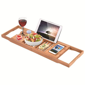 Bamboo Bathtub Rack With Phone Holder And <b>Tablet</b> <b>Stand</b> Telescopic Bathroom Shelf <b>For</b> Bath Tub Support - Product Image 5
