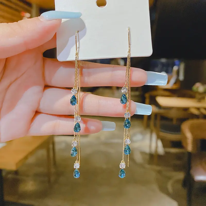 Vintage Temperament Blue Water Drop Diamond Tassel Earrings For Women Korean Fashion Earrings Party Jewelry Accessories Gifts