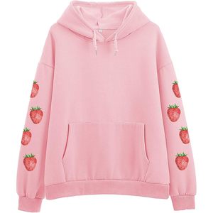FOXA Sudadera con capucha de algodón con estampado de fresas para mujer con bolsillo rosa Xl - Product Image 1