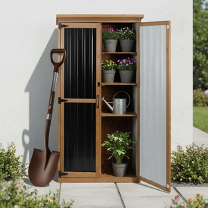 SDGS019 Outdoor <b>Metal</b> Storage <b>Cabinet</b> <b>Lockable</b> Waterproof Shelves Wooden Shed Vertical Tall Patio Backyard - Product Image 2