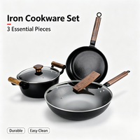 Ensemble de 3 ustensiles de cuisson en fer fin de haute pureté, antiadhésifs, compatibles avec les cuisinières à gaz, poignées en bois, couvercles en verre, durables et écologiques