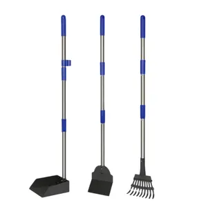 Kit de bac à crottes et râteau pour chien, 3 pièces, pelle à crottes en métal, pelle d'élimination des déchets pour animaux de compagnie avec longues poignées sectionnelles réglables - Product Image 1