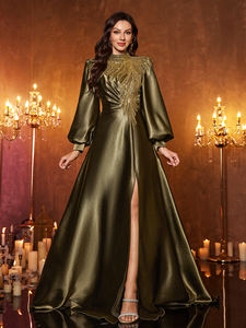 Nouvelle <span class=keywords><strong>robe</strong></span> de <span class=keywords><strong>soirée</strong></span> élégante pour femmes, col montant, manches lanternes, patchwork de paillettes extravagantes, satin, fente haute, perles - Product Image 3