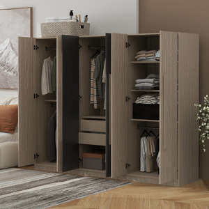 <b>6</b>-Doors Solid Wood Modern Wardrobe Storage for Bedroom with 2 3 <b>Drawers</b> Inside Black+Nature - Product Image 4