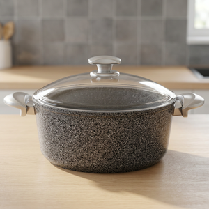 Casserole ronde moderne en fonte émaillée avec couvercle en verre et poignées en acier inoxydable - Product Image 3