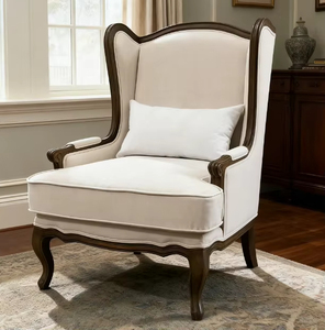 Fauteuil <span class=keywords><strong>Wingback</strong></span> classique tapisserie d'ameublement crème cadre en bois sculpté Style Vintage chaise de canapé monoplace pour salon - Product Image 6