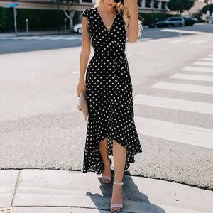 Vestido Maxi sin mangas de verano para mujer, informal, con estampado floral, cuello en V, volantes cortos, personalizable, tejido teñido liso natural, lavable - Product Image 4