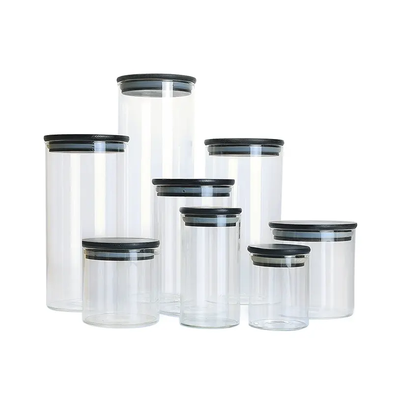 Frasco de vidrio con tapa de bambú negro Se pueden proporcionar servicios personalizados en varios tamaños Tanque de almacenamiento de alimentos de alta calidad