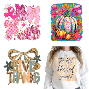 カラフルなコケット秋パンプキンバイブ花の感謝イエス・ホープDTFの鉄はパーカーバッグのために押す準備ができてステッカーを転送します - Product Image 1