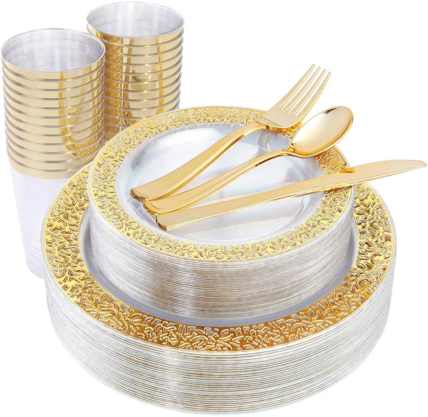 150 Miếng Đĩa Nhựa Vàng & Đồ Dùng Bằng Bạc Dùng Một Lần & Cốc Vàng, Bộ Đồ Ăn Trong Suốt Thiết Kế Ren