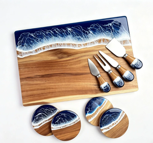 Tabla de Quesos de Madera de Acacia con Resina Efecto Olas del Océano, Tabla de Charcutería con Cuchillos para Queso y Posavasos, Plato de Madera para Servir, Ideal para Regalo - Product Image 3