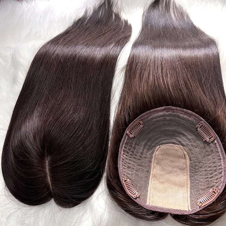 Cutícula virgen Europea alineada cabello humano color natural liso prearrancado encaje francés base de seda para mujer con clips