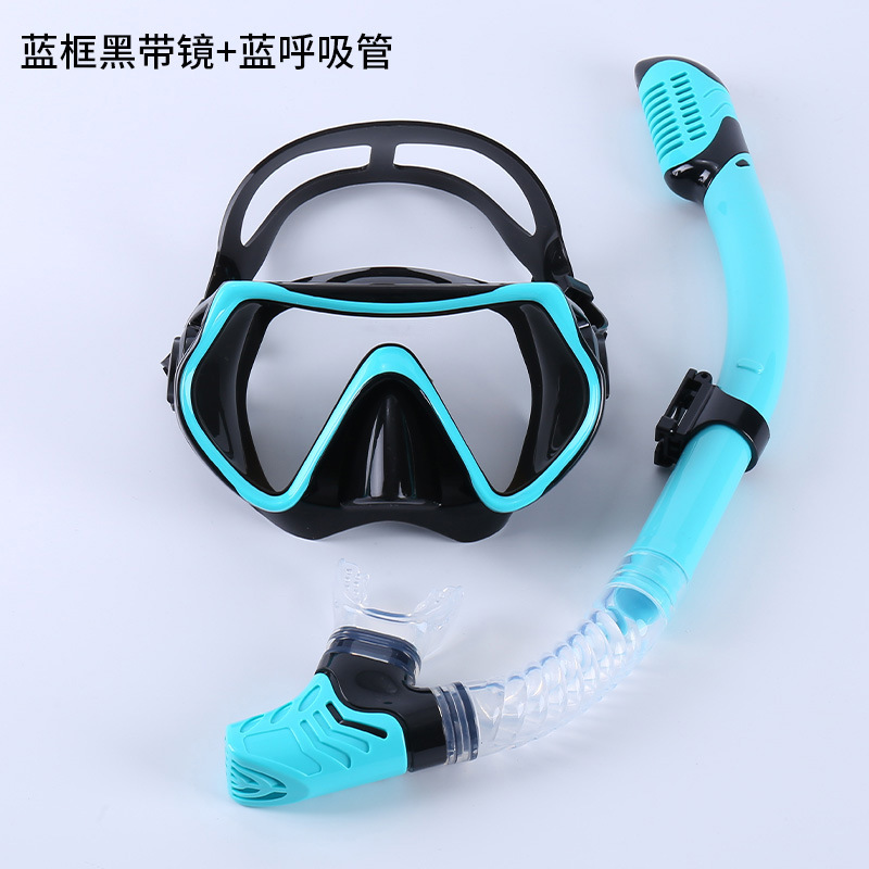 Montura azul, gafas negras, tubo respiratorio azul (hecho a medida)