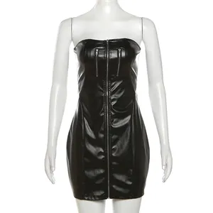 Custom Women Sexy Strapless Off Shoulder Zip Up PU Leather Dress Slim Fit Body-con Cocktail Party Mini Dress