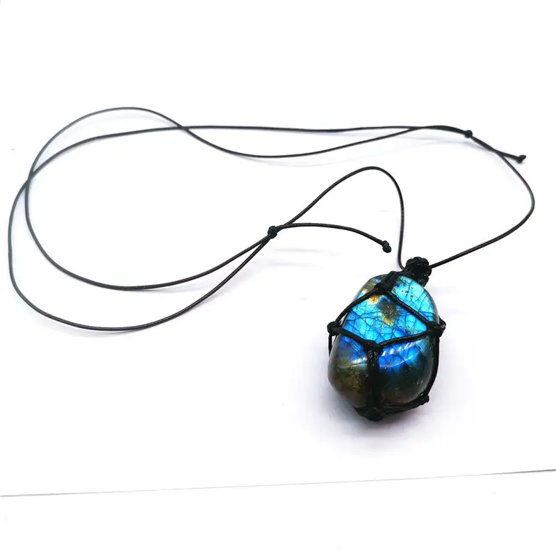 Natural Energy Stone Necklace Adjustable Braided Rope Flash Labradorite Crystal Pendant for Gift