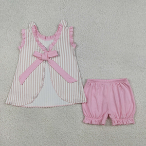 Conjunto de Pascua para Bebés Niñas: Blusa Bordada con Conejos y Lazos a Rayas y Pantalones Cortos Rosas - Product Image 2